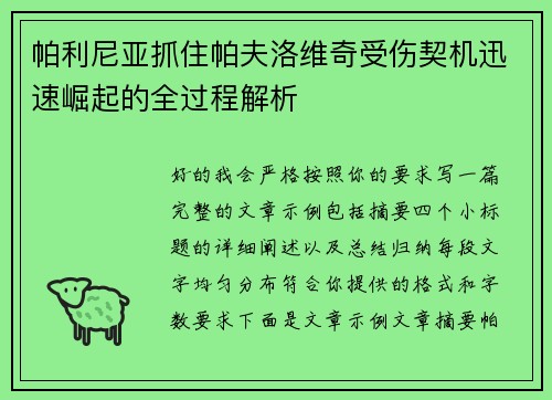 帕利尼亚抓住帕夫洛维奇受伤契机迅速崛起的全过程解析